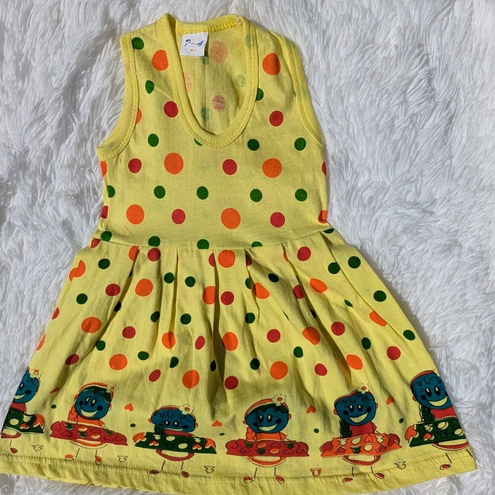 Bright Yellow Polka Dot Girl Dress – Fun Cartoon Print Hem